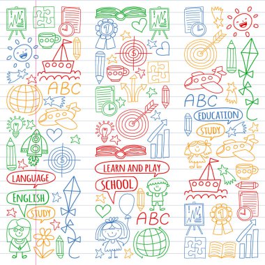 İngilizce dil, çocuk drawingicons simgeler doodle tarzı öğrenme seti vektör. Beyaz arka plan üzerinde doğrusal bir kağıda boyanmış, renkli, resimleri.