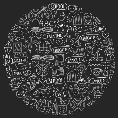 Vektör seti İngilizce dil öğrenme, doodle tarzında çocuk çizim simgeleri. Boyalı, siyah monokrom, kara tahta üzerinde tebeşir resimleri