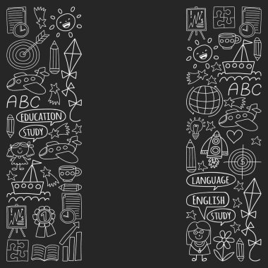 Vektör seti İngilizce dil öğrenme, doodle tarzında çocuk çizim simgeleri. Boyalı, siyah monokrom, kara tahta üzerinde tebeşir resimleri