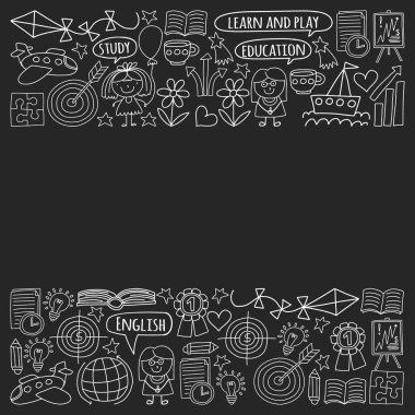 Vektör öğrenme İngilizce dilini ayarlamak, çocuk simgeleri çizim stili doodle. Boyalı, siyah siyah-beyaz tebeşir resimler bir kara tahta üzerinde.