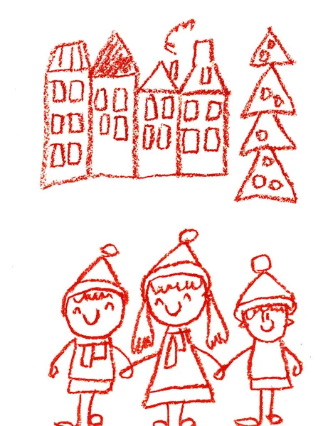 the children kindergarten with teacher hand drawn, outdoor in winter with snowman seasons isolated on the white background
