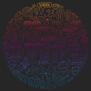 Vektör seti İngilizce dil öğrenme, doodle tarzında çocuk çizim simgeleri. Kara tahta üzerinde bir kağıt parçası üzerinde boyalı, renkli, degrade resimler