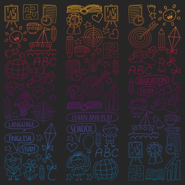 Vektör seti İngilizce dil öğrenme, doodle tarzında çocuk çizim simgeleri. Kara tahta üzerinde bir kağıt parçası üzerinde boyalı, renkli, degrade resimler