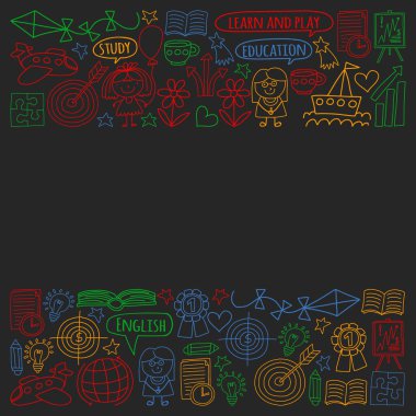 Vektör seti İngilizce dil öğrenme, doodle tarzında çocuk çizim simgeleri. Boyalı, renkli, kara tahta üzerinde bir kağıt parçası üzerinde resimler