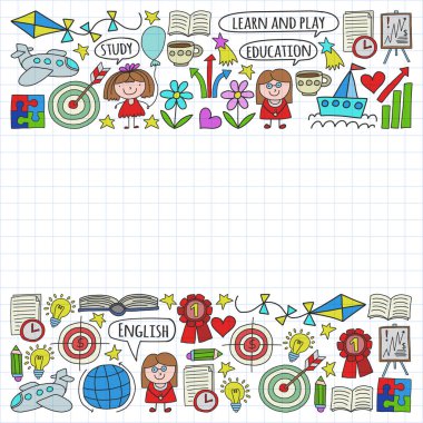 Vektör seti İngilizce dil öğrenme, doodle tarzında çocuk çizim simgeleri. Boyalı, renkli, beyaz arka plan üzerinde bir kağıt parçası üzerinde resimler.