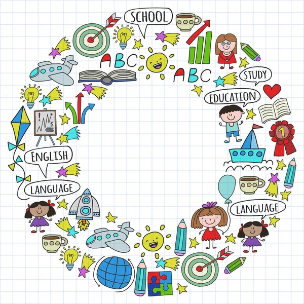 Vektor Set Zum Erlernen Der Englischen Sprache Kinder Zeichensymbole Doodle — Stockvektor