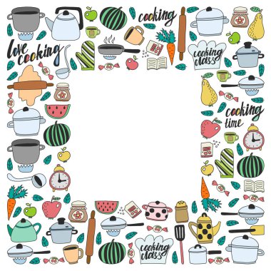 Vektör çocuk mutfak ve pişirme çizimler simgeler doodle tarzı kümesi. Kağıda beyaz zemin üzerine boyalı, renkli, Resimler