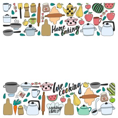 Vektör çocuk mutfak ve pişirme çizimler simgeler doodle tarzı kümesi. Kağıda beyaz zemin üzerine boyalı, renkli, Resimler