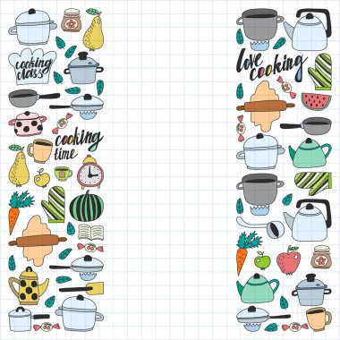 Vektör çocuk mutfak ve pişirme çizimler simgeler doodle tarzı kümesi. Boyalı, renkli, beyaz bir arka plan üzerinde kareli kağıt üzerine bir