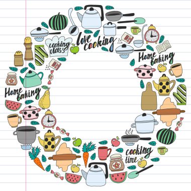 Vektör çocuk mutfak ve pişirme çizimler simgeler doodle tarzı kümesi. Beyaz arka plan üzerinde doğrusal bir kağıda boyanmış, renkli, resimleri