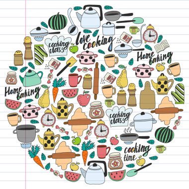 Vektör çocuk mutfak ve pişirme çizimler simgeler doodle tarzı kümesi. Beyaz arka plan üzerinde doğrusal bir kağıda boyanmış, renkli, resimleri
