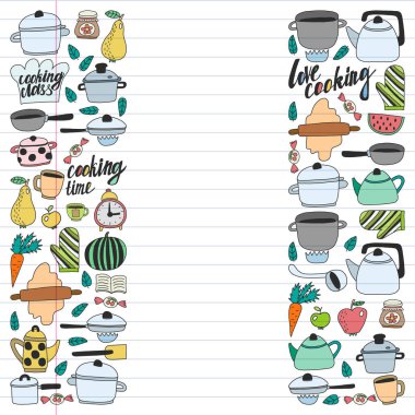 Vektör çocuk mutfak ve pişirme çizimler simgeler doodle tarzı kümesi. Beyaz arka plan üzerinde doğrusal bir kağıda boyanmış, renkli, resimleri