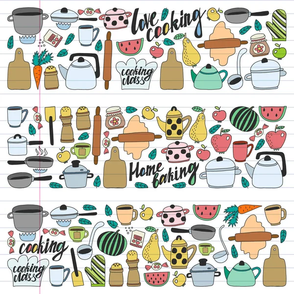 Векторний Набір Дитячої Кухні Іконки Малюнків Приготування Їжі Каракулі Розфарбовані — стоковий вектор