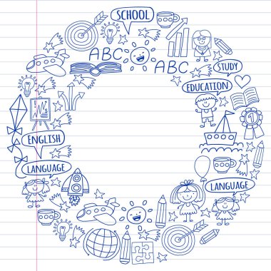 Kazanç İngilizce dil, dizi doodle tarzı çocuk drawingicons simgeler vektör. Boyalı, kağıda beyaz arka planda siyah tek renkli, Resimler