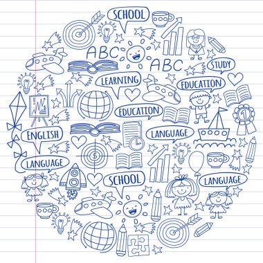 Kazanç İngilizce dil, dizi doodle tarzı çocuk drawingicons simgeler vektör. Boyalı, kağıda beyaz arka planda siyah tek renkli, Resimler