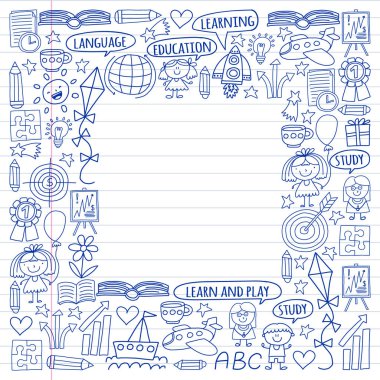 Kazanç İngilizce dil, dizi doodle tarzı çocuk drawingicons simgeler vektör. Boyalı, kağıda beyaz arka planda siyah tek renkli, Resimler