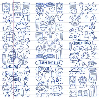 Kazanç İngilizce dil, dizi doodle tarzı çocuk drawingicons simgeler vektör. Boyalı, kağıda beyaz arka planda siyah tek renkli, Resimler