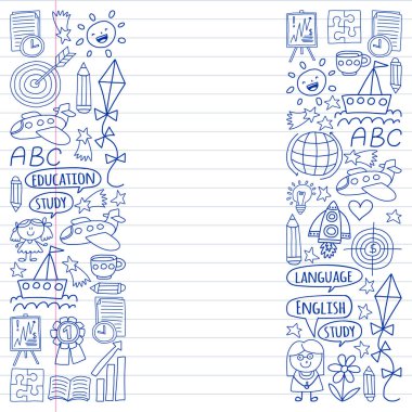 Kazanç İngilizce dil, dizi doodle tarzı çocuk drawingicons simgeler vektör. Boyalı, kağıda beyaz arka planda siyah tek renkli, Resimler