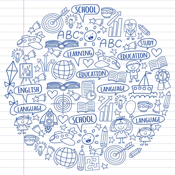 Kazanç İngilizce dil, dizi doodle tarzı çocuk drawingicons simgeler vektör. Boyalı, kağıda beyaz arka planda siyah tek renkli, Resimler