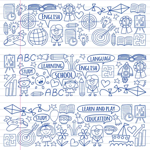 Vektor Set Der Englischen Sprache Verdienen Kinder Drawingicons Symbole Doodle — Stockvektor
