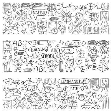 İngilizce dil, çocuk drawingicons simgeler doodle tarzı öğrenme seti vektör. Boyalı, kağıda beyaz arka planda siyah tek renkli, Resimler