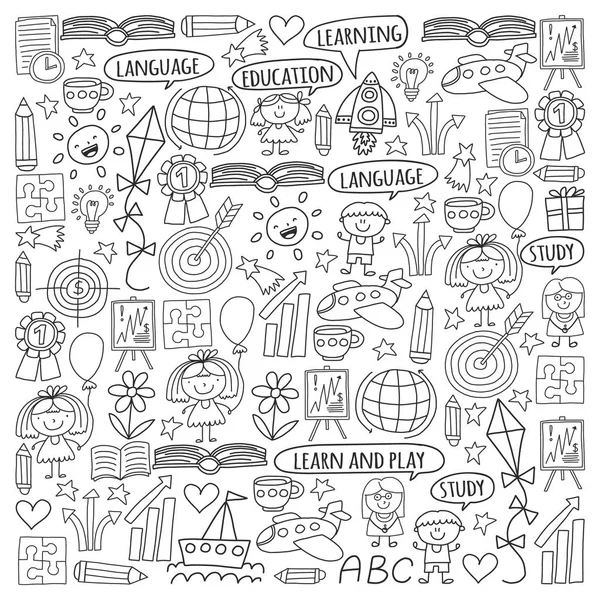 Conjunto Vectorial Aprendizaje Del Idioma Inglés Iconos Dibujos Infantiles Estilo — Vector de stock