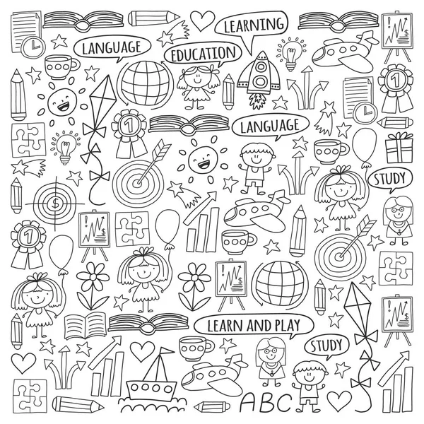 İngilizce dil, çocuk drawingicons simgeler doodle tarzı öğrenme seti vektör. Boyalı, kağıda beyaz arka planda siyah tek renkli, Resimler
