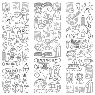 İngilizce dil, çocuk drawingicons simgeler doodle tarzı öğrenme seti vektör. Boyalı, kağıda beyaz arka planda siyah tek renkli, Resimler