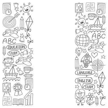 İngilizce dil, çocuk drawingicons simgeler doodle tarzı öğrenme seti vektör. Boyalı, kağıda beyaz arka planda siyah tek renkli, Resimler