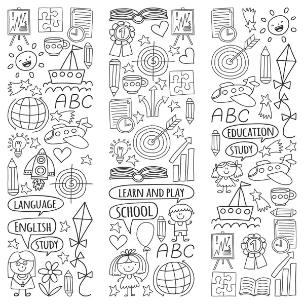 İngilizce dil, çocuk drawingicons simgeler doodle tarzı öğrenme seti vektör. Boyalı, kağıda beyaz arka planda siyah tek renkli, Resimler