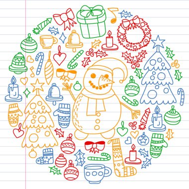 Noel Set vektör, kış gün 2019, 2020 tatil, illüstrasyon vektör. Yılbaşı model, çocuk çizimleri doodle tarzı bir öğretmen simgelerle. Beyaz arka plan üzerinde doğrusal bir kağıda boyanmış, renkli, resimleri