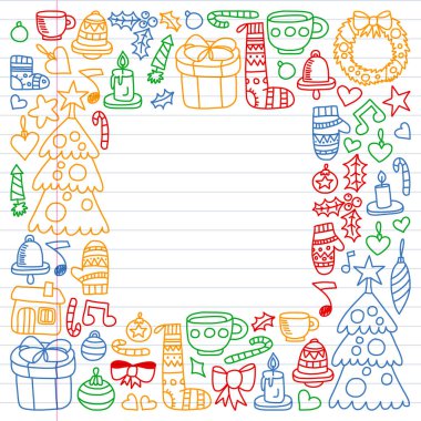 Noel Set vektör, kış gün 2019, 2020 tatil, illüstrasyon vektör. Yılbaşı model, çocuk çizimleri doodle tarzı bir öğretmen simgelerle. Beyaz arka plan üzerinde doğrusal bir kağıda boyanmış, renkli, resimleri