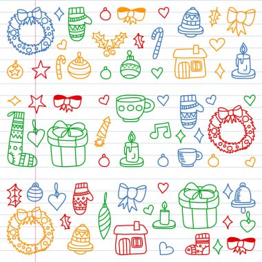 Noel Set vektör, kış gün 2019, 2020 tatil, illüstrasyon vektör. Yılbaşı model, çocuk çizimleri doodle tarzı bir öğretmen simgelerle. Beyaz arka plan üzerinde doğrusal bir kağıda boyanmış, renkli, resimleri