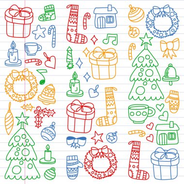 Noel Set vektör, kış gün 2019, 2020 tatil, illüstrasyon vektör. Yılbaşı model, çocuk çizimleri doodle tarzı bir öğretmen simgelerle. Beyaz arka plan üzerinde doğrusal bir kağıda boyanmış, renkli, resimleri