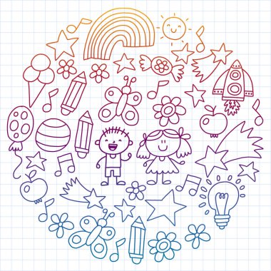 Çocuk Bahçesi, kuvvetler, çizilmiş çocuk bahçe elemanları desen el, illüstrasyon, vektör, resimde dikey doodle