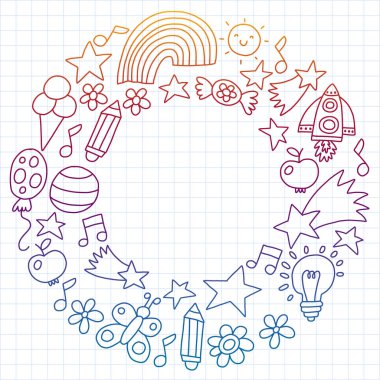 Çocuk Bahçesi, kuvvetler, çizilmiş çocuk bahçe elemanları desen el, illüstrasyon, vektör, resimde dikey doodle