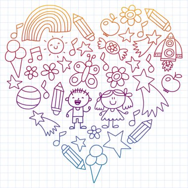 Çocuk Bahçesi, kuvvetler, çizilmiş çocuk bahçe elemanları desen el, illüstrasyon, vektör, resimde dikey doodle