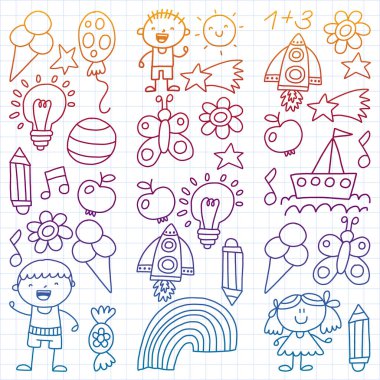 Çocuk Bahçesi, kuvvetler, çizilmiş çocuk bahçe elemanları desen el, illüstrasyon, vektör, resimde dikey doodle