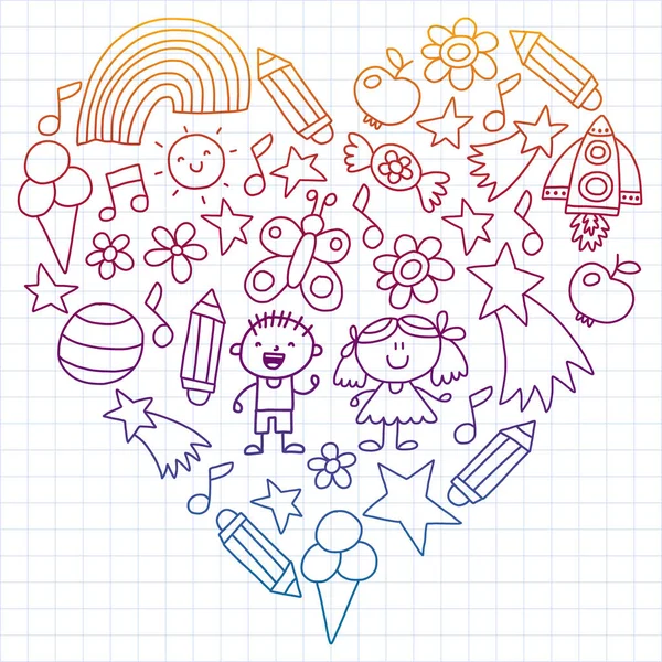 Çocuk Bahçesi, kuvvetler, çizilmiş çocuk bahçe elemanları desen el, illüstrasyon, vektör, resimde dikey doodle