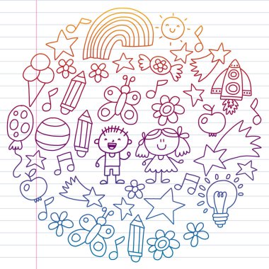 Çocuk bahçesi, Patern, El çizilmiş çocuk bahçe elemanları desen, doodle illüstrasyon, Vektör, illüstrasyon, Dikey, degrade.