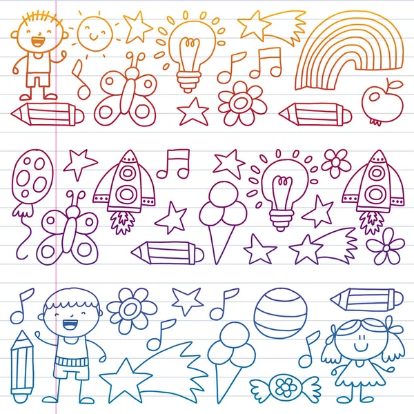 Jardín de los niños, Patern, dibujado a mano patrón de elementos de jardín de los niños, doodle ilustración, Vector, ilustración, vertical, gradiente . — Vector de stock