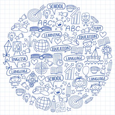 Vektör seti İngilizce dil öğrenme, doodle tarzında çocuk çizimleri simgeleri. Beyaz bir arka plan üzerinde damalı bir kağıt üzerine, bir kalem ile çizilmiş boyalı.