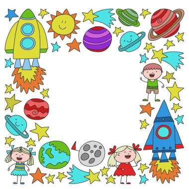 Doodle tarzı alanı öğeleri simgelerin vektör kümesi. Kağıda beyaz zemin üzerine boyalı, renkli, Resimler.