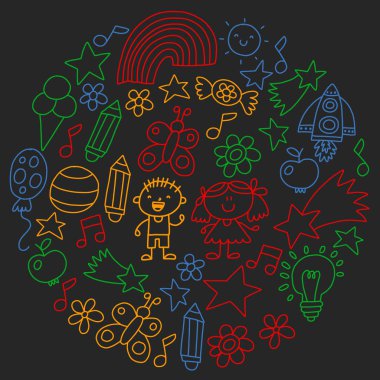 Çocuk Bahçesi, kuvvetler, çizilmiş çocuk bahçe elemanları desen el, illüstrasyon, vektör, illüstrasyon doodle,