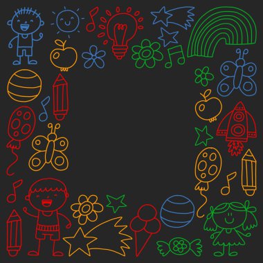 Çocuk Bahçesi, kuvvetler, çizilmiş çocuk bahçe elemanları desen el, illüstrasyon, vektör, illüstrasyon doodle,