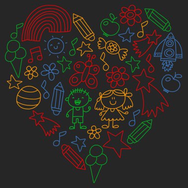 Çocuk Bahçesi, kuvvetler, çizilmiş çocuk bahçe elemanları desen el, illüstrasyon, vektör, illüstrasyon doodle,