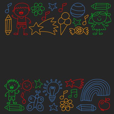 Çocuk Bahçesi, kuvvetler, çizilmiş çocuk bahçe elemanları desen el, illüstrasyon, vektör, illüstrasyon doodle,