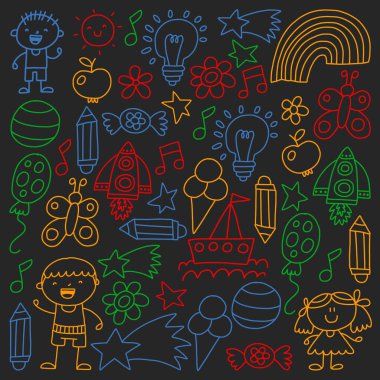 Çocuk Bahçesi, kuvvetler, çizilmiş çocuk bahçe elemanları desen el, illüstrasyon, vektör, illüstrasyon doodle,