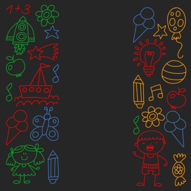 Çocuk Bahçesi, kuvvetler, çizilmiş çocuk bahçe elemanları desen el, illüstrasyon, vektör, illüstrasyon doodle,