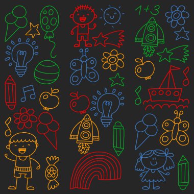 Çocuk Bahçesi, kuvvetler, çizilmiş çocuk bahçe elemanları desen el, illüstrasyon, vektör, illüstrasyon doodle,